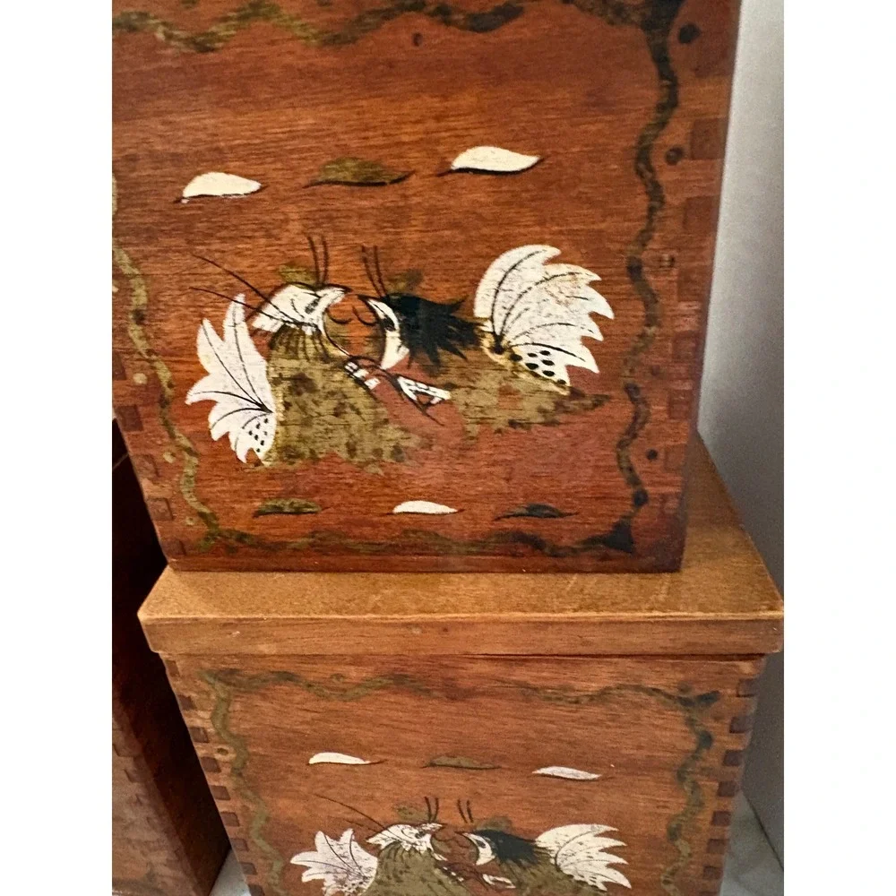 VTG Wood Fighting Rooster 4 pc Kitchen Canister Set Hand Painted Farmhouse Decor